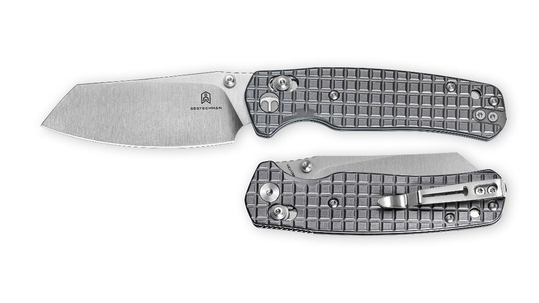 Bestechman Cicada's Wing Folding Knife Grey PVD Stainless Steel Handle  10cr15MoV Plain Edge Satin Finish BMK06-