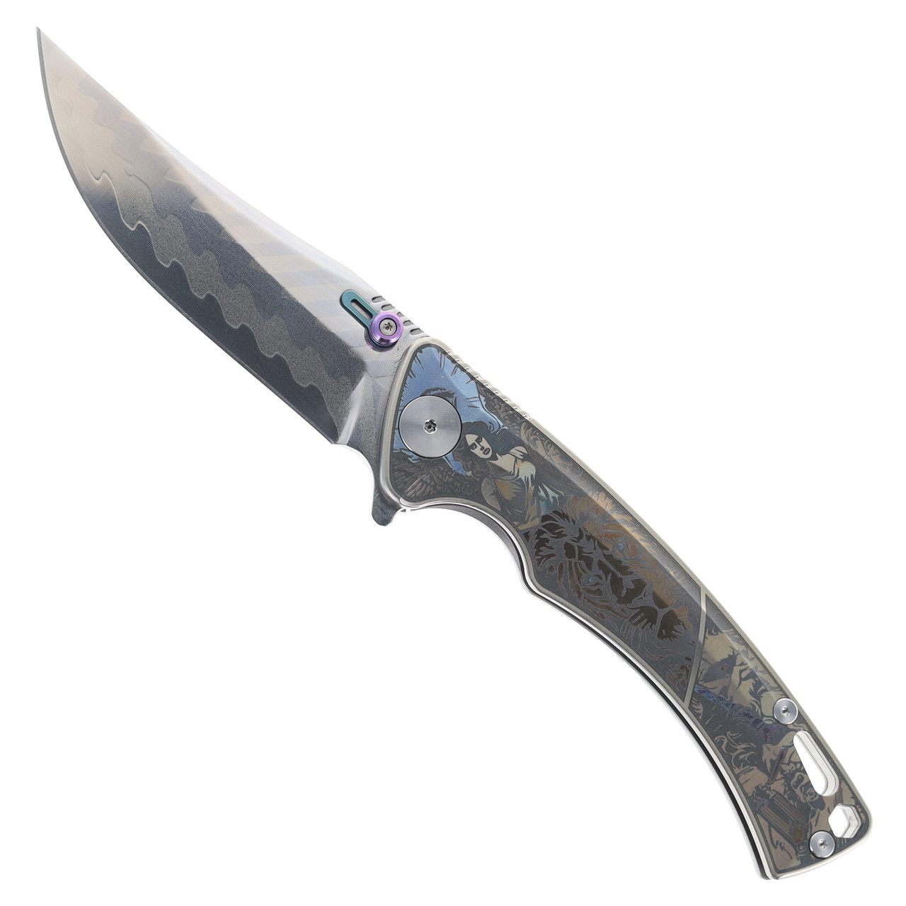 CH Otoman Folding Knife Silver Titanium Handle 7layers Damascus
