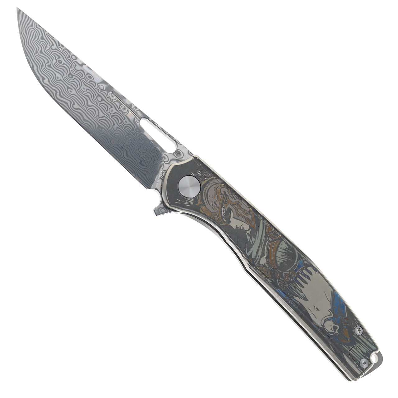 CH Blast Folding Knife Silver Titanium Handle Damascus Plain Edge
