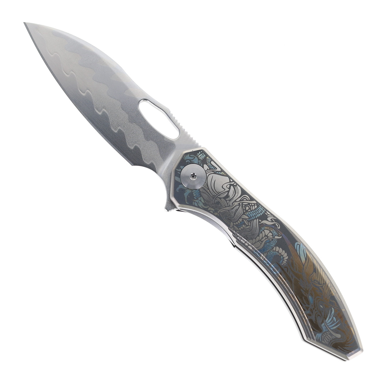 CH Cupra Folding Knife Silver Titanium Handle 7layers Damascus