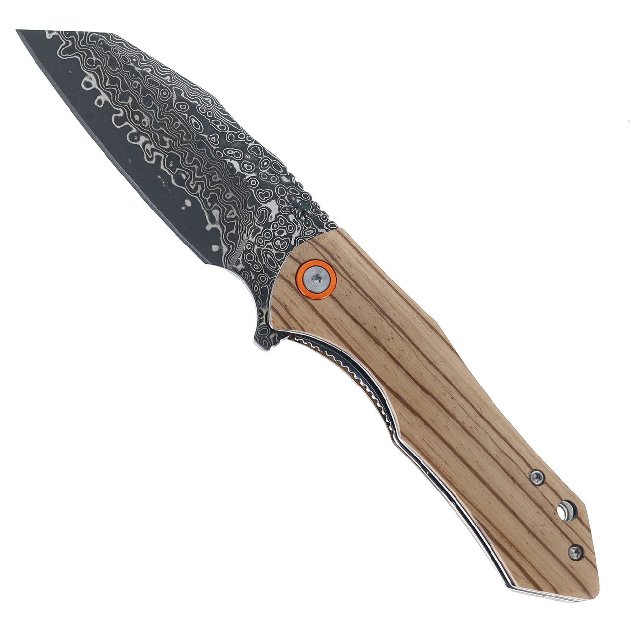 Klaken Knives Folding Knife Zebra Wood Handle Damascus Plain Edge