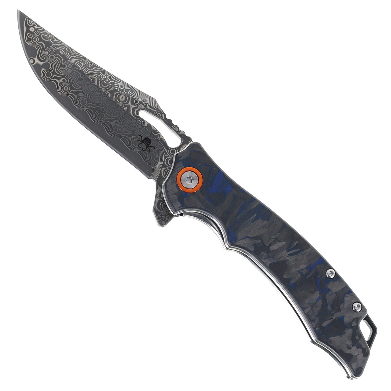 Klaken Folding Knife Blue Carbon Fiber Handle Damascus Plain Edge