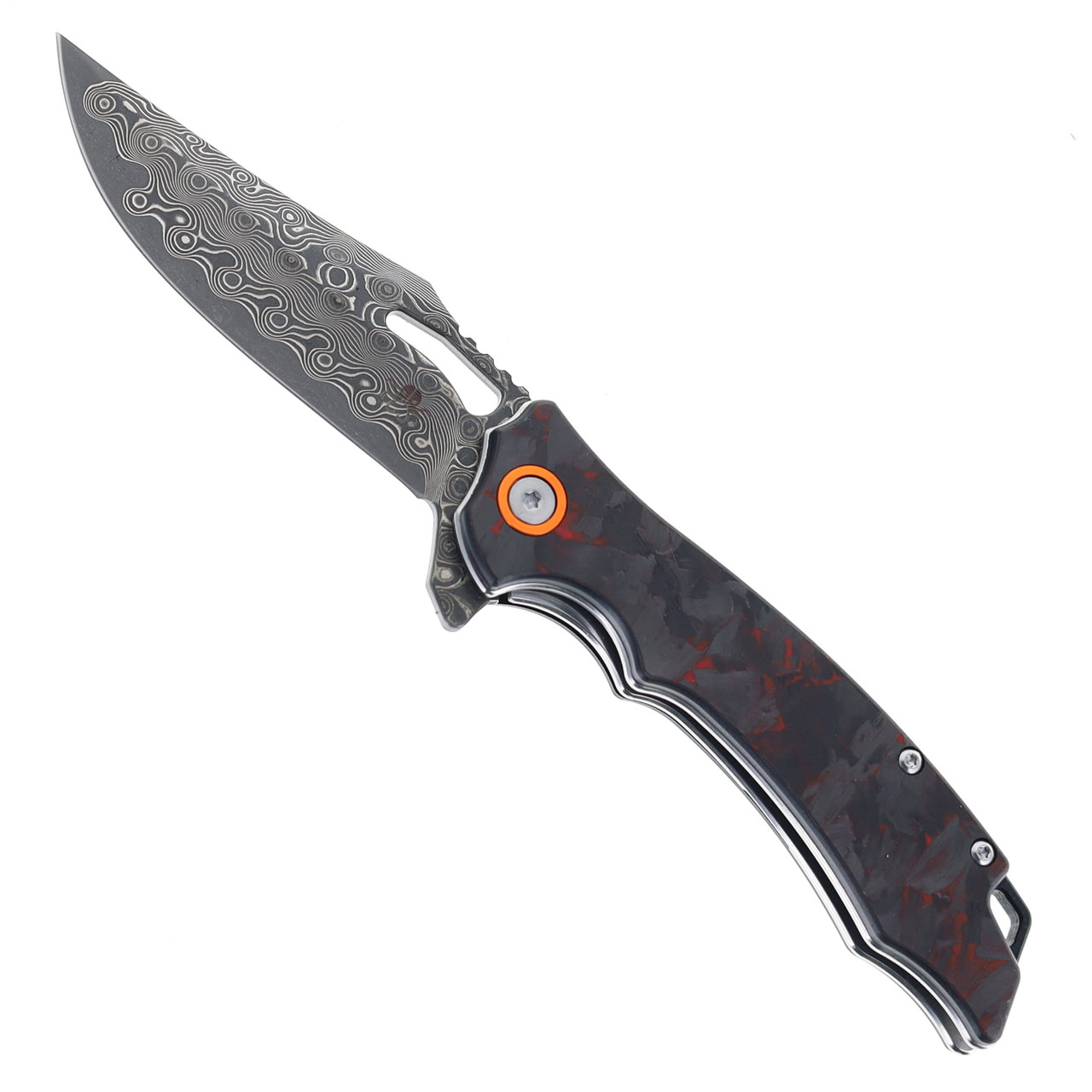 Klaken Folding Knife Red Carbon Fiber Handle Damascus Plain Edge