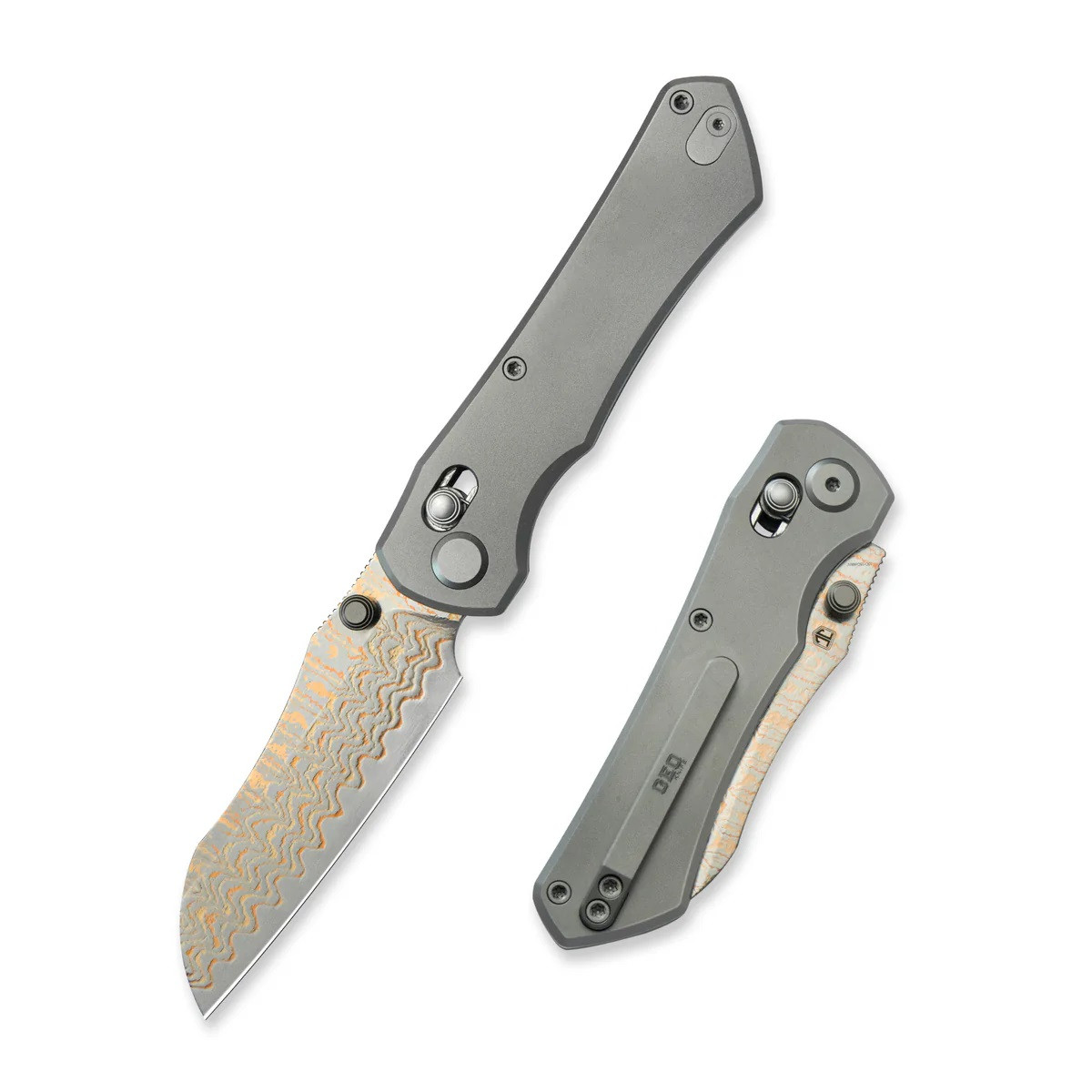 Geo Komodo Folding Knife Gray Titanium Handle Damascus/Copper Drop Geo Komodo Folding Knife Gray Titanium Handle Damascus/Copper Drop
