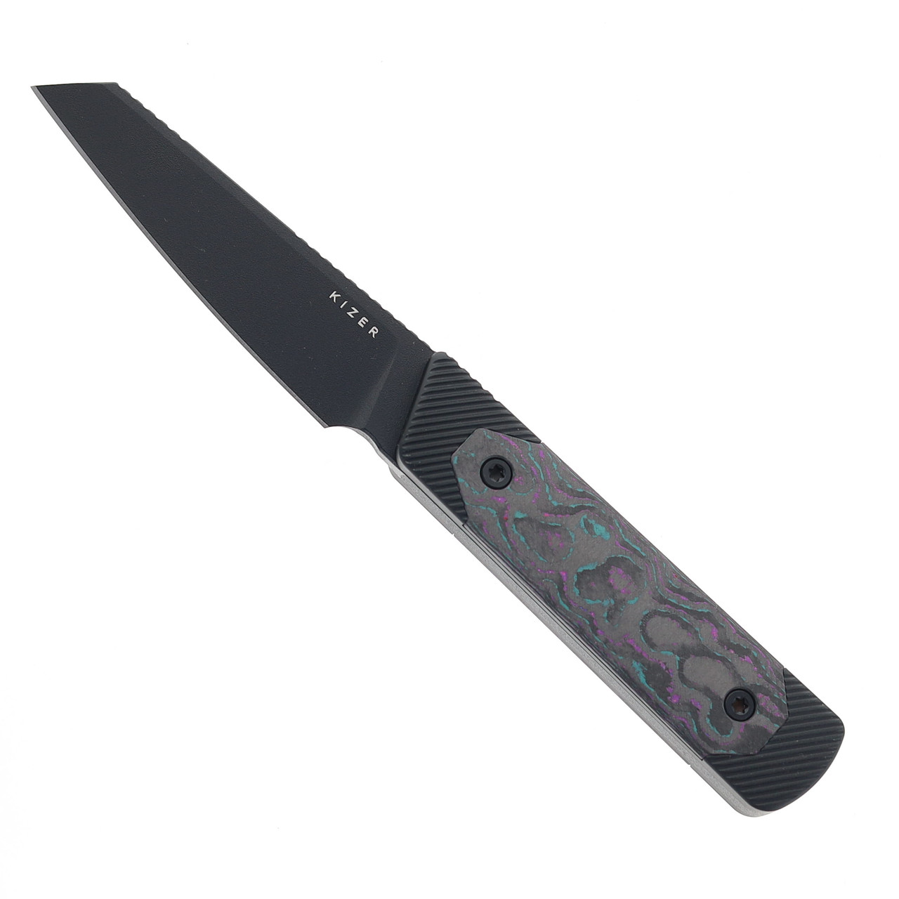 Kizer Hallow Fixed Blade Knife Aluminum/Camo Carbon Jazzy Handle 10V  Reverse Tanto Plain Black Blade
