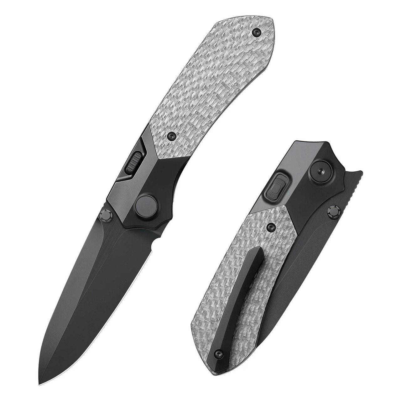 Aショット Remette RT-Meteor Folding Knife Black Titanium/Silver Twill Carbon