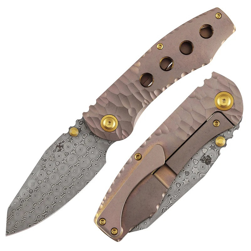 Kansept Caveman Folding Knife Rose Gold Titanium Handle Damascus