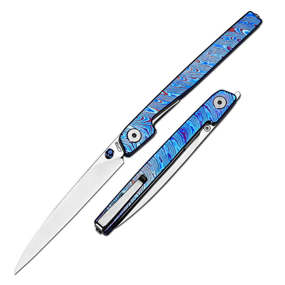 CJRB Lanky Folding Knife Blue Titanium Damascus Handle S90V