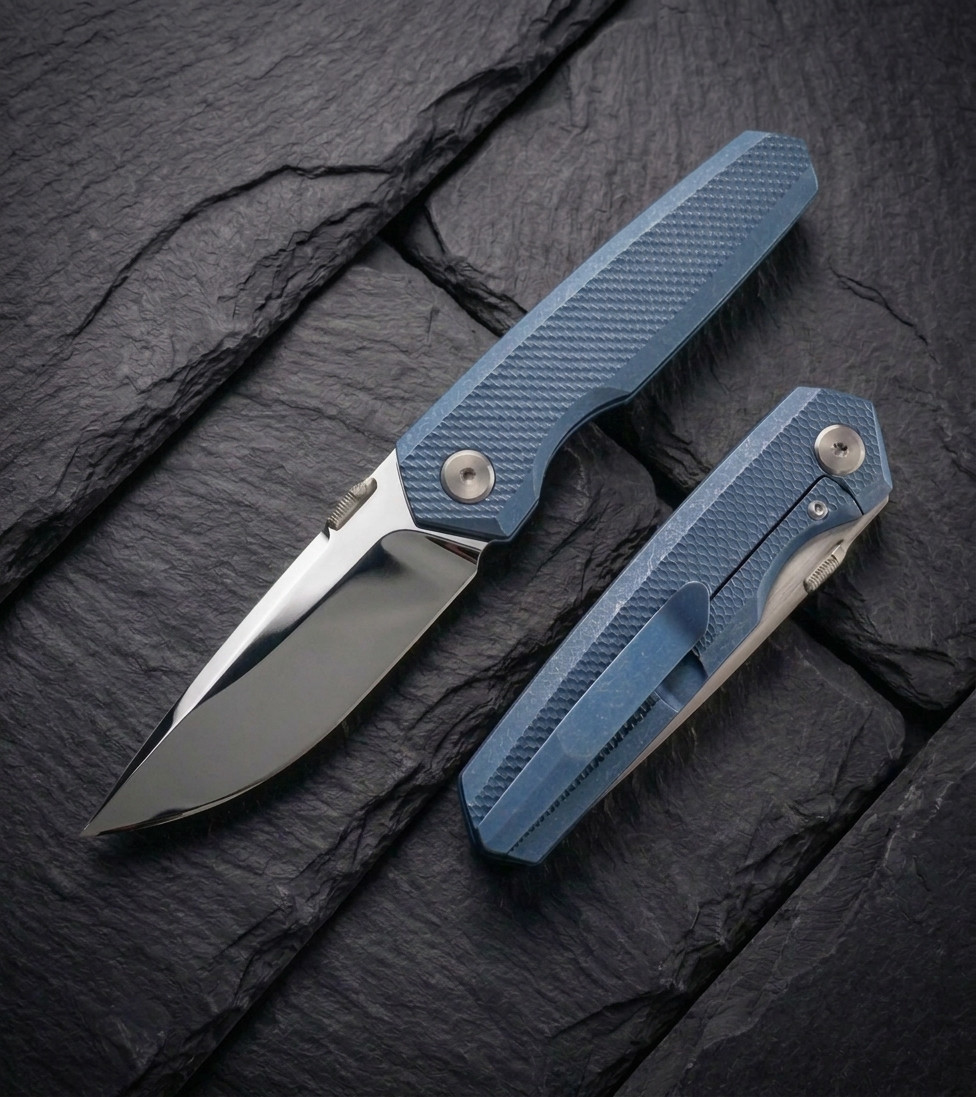 Vanguard Bastion Folding Knife Blue Titanium Handle Super Polished