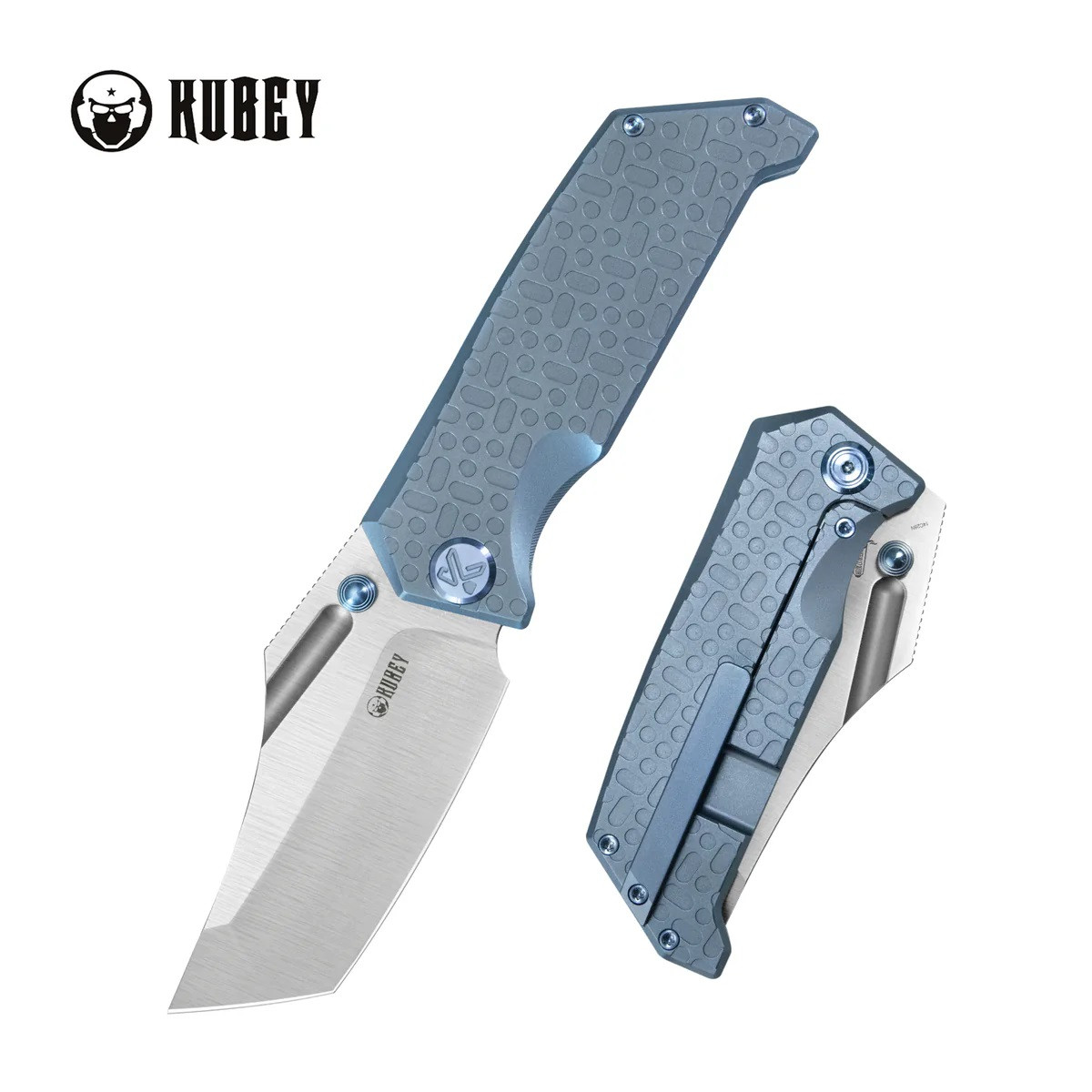 Kubey Hamster Folding Knife Blue Titanium Handle 14C28N Clip Point