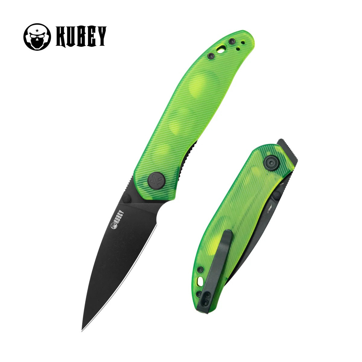 Kubey Snug Folding Knife Green Glow Polycarbonate Handle 14C28N