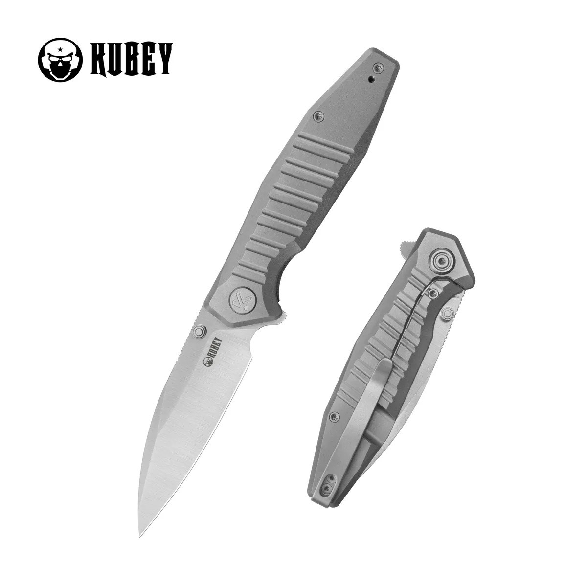 Kubey Whammy Folding Knife Grey Titanium Handle 14C28N Wharncliffe