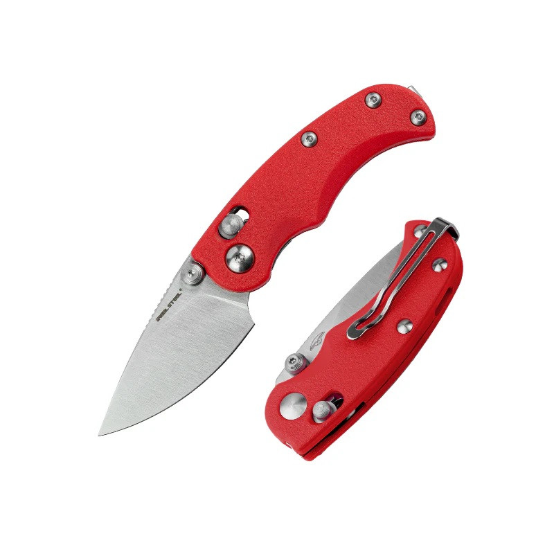 Real Steel Esca Folding Knife Red Handle 12C27 Plain Edge Satin