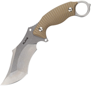 Ruike Fixed Blade Knife Tan Sculped G10 Handle Stonewash Plain Edge Sandvik F181W