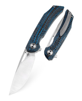 Bestech KOMBOU Falko Folding Knife Blue Interlay Carbon Fiber G10 Handle 154CM Satin Finish BL01B