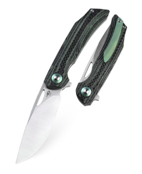 Bestech KOMBOU Falko Folding Knife Green Interlay Carbon Fiber G10 Handle 154CM Satin Finish BL01C