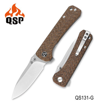 QSP Hawk Folding Knife Brown Linen Micarta Handle Sandvik 14C28N Plain Edge QS131-G