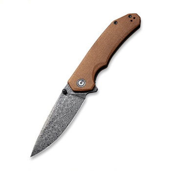 Civivi Brazen Folding Knife Brown Micarta Handle Damascus Drop Point Black Plain Edge C2102DS-1