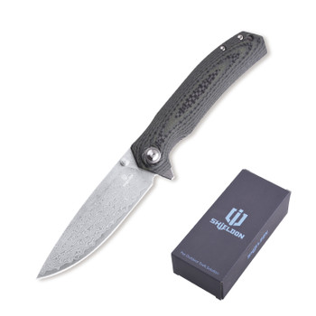 Discontinued Shieldon Charkos Folding Knife Green G10 Handle Drop Point Damascus Plain Edge 7092D Discontinued Shieldon Charkos Folding Knife Green G10 Handle Drop Point Damascus Plain Edge 7092D