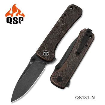 QSP Hawk Folding Knife Copper With Orange Peel Texture Handle Sandvik Plain Edge Black Stonewash Finish QS131-N