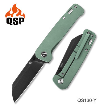 Discontinued QSP Penguin Folding Knife Green Titanium Handle 154CM Plain Edge Black Stonewash Finish QS130-Y