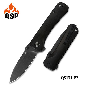 QSP Hawk Folding Knife Black Ebony Wood Handle 14C28N Plain Black Blade QS131-P2