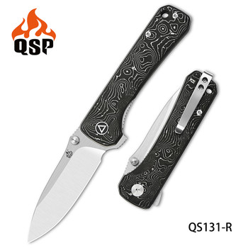 QSP Hawk Folding Knife Black Aluminum Foil/Carbon Fiber Handle S35VN Plain Edge 2 Tone Satin Finish  QS131-R