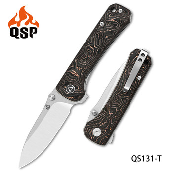 QSP Hawk Folding Knife Black Copper Foil/Carbon Fiber Handle S35VN Plain Edge 2 Tone Satin Finish QS131-T
