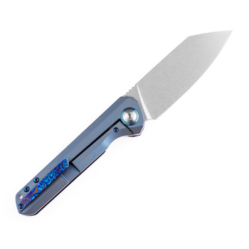 Kansept Bulldozer Front Flipper Folding Knife Timascus/Blue Titanium Handle 20CV Plain Edge K1028A3