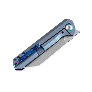Kansept Bulldozer Front Flipper Folding Knife Timascus/Blue Titanium Handle 20CV Plain Edge K1028A3