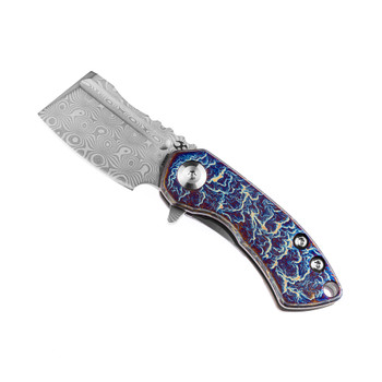 Kansept Mini Korvid Folding Knife Lightning Strike Titanium Handle Damascus Plain Edge K3030D1