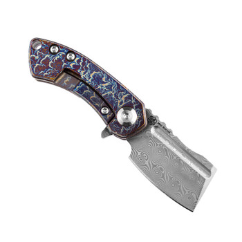 Kansept Mini Korvid Folding Knife Lightning Strike Titanium Handle Damascus Plain Edge K3030D1