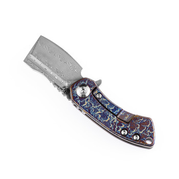 Kansept Mini Korvid Folding Knife Lightning Strike Titanium Handle Damascus Plain Edge K3030D1