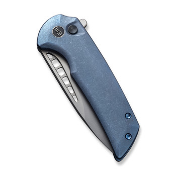 Discontinued WE Mini Malice Folding Knife Blue Titanium Handle 20CV Drop Point Plain Edge Silver Bead Blast Finish WE054BL-3