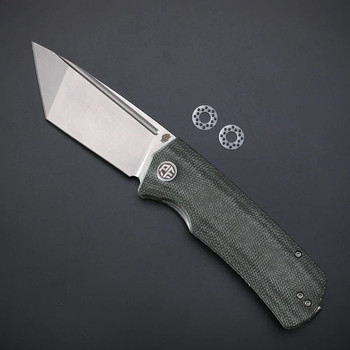 Petrified Fish Beluga Folding Knife Green Micarta Handle K110 Tanto Plain Edge Stonewash Finish PF-P01T-GRMW