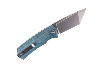 Petrified Fish Beluga Folding Knife Blue Micarta Handle K110 Tanto Plain Edge Stonewash Finish PF-P01T-BMW