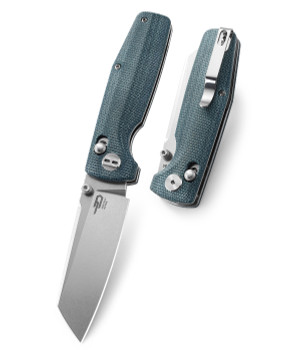 Bestech Slasher Folding Knife Blue Micarta Handle D2 Plain Edge Stonewash Finish BG43C-1