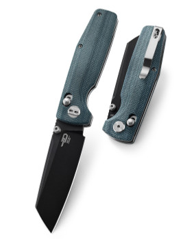 Bestech Slasher Folding Knife Blue Micarta Handle D2 Plain Edge Black Stonewash Finish BG43C-2