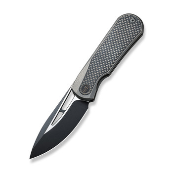 WE Baloo Flipper Folding Knife Black/Gray Titanium/Twill Carbon Fiber Inlay Handle 20CV Drop Point Plain Edge Black/Satin Flat Finish WE21033-2