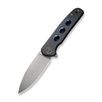 Discontinued WE Shakan Folding Knife Black/Blue Titanium Handle 20CV Drop Point Plain Edge Gray Stonewash Finish Limited Edition 300 Pieces WE20052B-1 Discontinued WE Shakan Folding Knife Black/Blue Titanium Handle 20CV Drop Point Plain Edge Gray Stonewash Finish Limited Edition 300 Pieces WE20052B-1