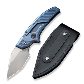 WE Typhoeus Folding Knife Blue Titanium Handle 20CV Dagger Plain Edge Silver Bead Blast Finish WE21036B-3 WE Typhoeus Folding Knife Blue Titanium Handle 20CV Dagger Plain Edge Silver Bead Blast Finish WE21036B-3