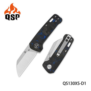 QSP Penguin Mini Folding Knife Shredded Carbon Fiber/Blue G10 Handle 14C28N Plain Edge 2 Tone Satin Finish QS130XS-D1