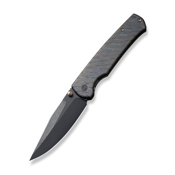 WE Evoke Folding Knife Tiger Striped Pattern Flamed Titanium Handle 20CV Clip Point Plain Edge Black Stonewash Finish WE21046-4