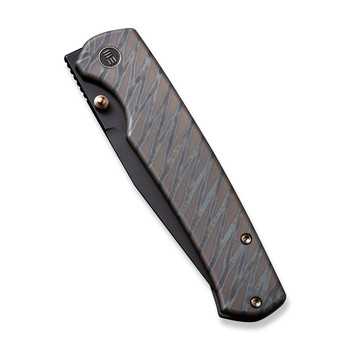 WE Evoke Folding Knife Tiger Striped Pattern Flamed Titanium Handle 20CV Clip Point Plain Edge Black Stonewash Finish WE21046-4