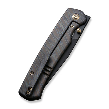 WE Evoke Folding Knife Tiger Striped Pattern Flamed Titanium Handle 20CV Clip Point Plain Edge Black Stonewash Finish WE21046-4
