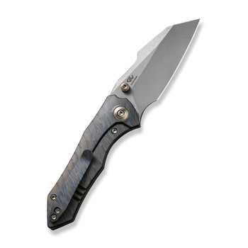 WE High-Fin Folding Knife Tiger Stripe Pattern Titanium Handle 20CV Plain Edge Gray Stonewash Finish WE22005-4