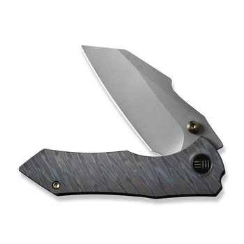 WE High-Fin Folding Knife Tiger Stripe Pattern Titanium Handle 20CV Plain Edge Gray Stonewash Finish WE22005-4