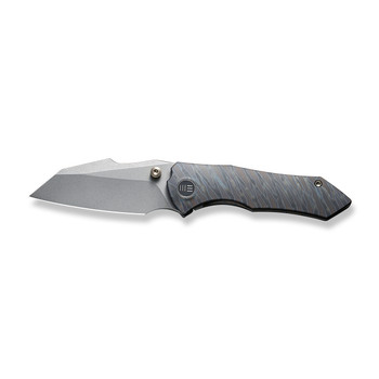 WE High-Fin Folding Knife Tiger Stripe Pattern Titanium Handle 20CV Plain Edge Gray Stonewash Finish WE22005-4