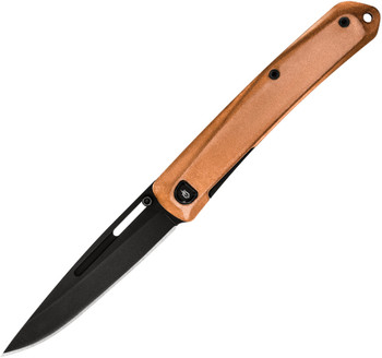 Gerber Affinity Framelock Folding Knife Copper SS Handle D2 Drop Point Plain Black Blade G4057