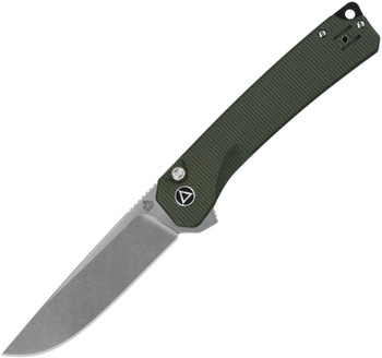 QSP Knife Osprey XL Button Lock Folding Knife Green Micarta Handle D2 Drop Point Plain Edge Satin Finish QS139-XLC